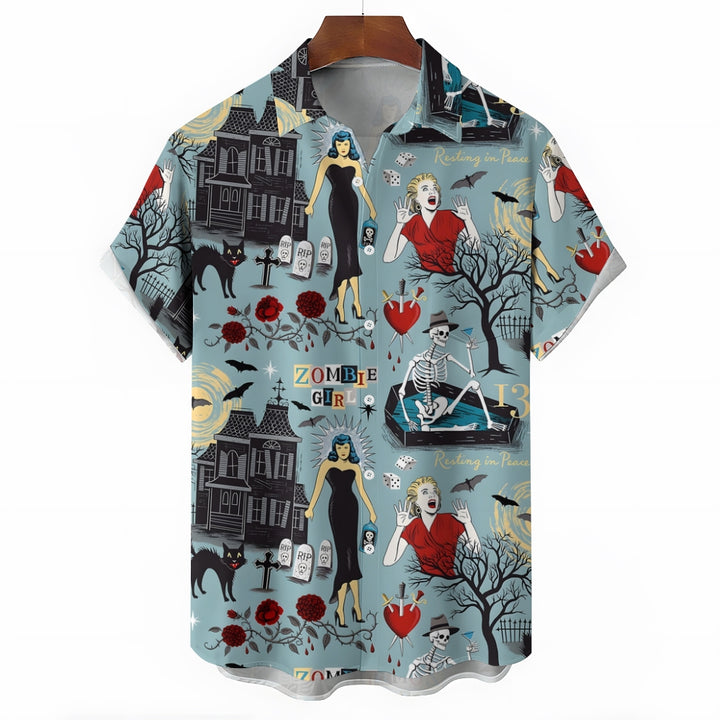 Horror Poster Illustration Casual Short-Sleeved Shirt 2406000416