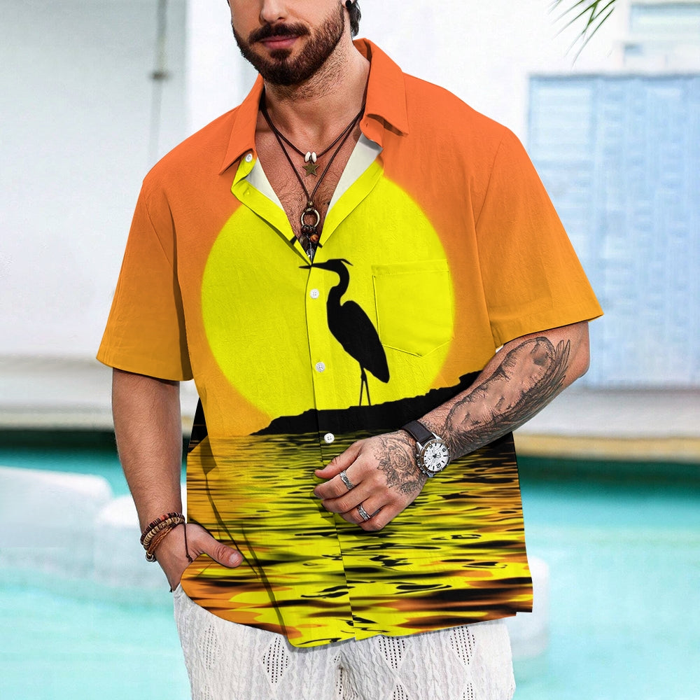 Landscape Egret Print Linen Short Sleeve Shirt 2409010677