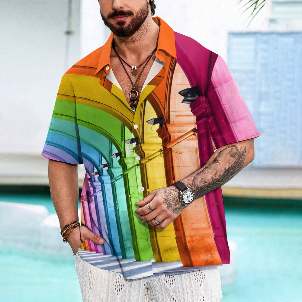 Colorful Architectural Print Linen Short-Sleeved Shirt 2409010674