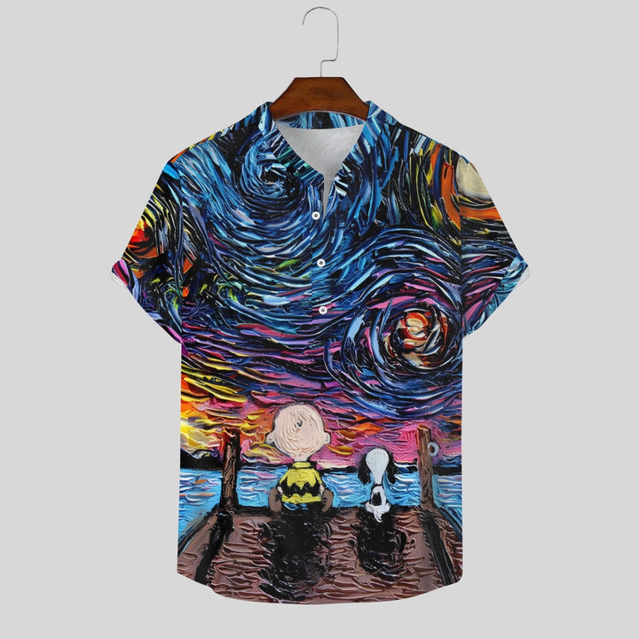 Starry Sky Cartoon Character Stand-Up Collar Half-Lapel Short-Sleeved Shirt 2408004478