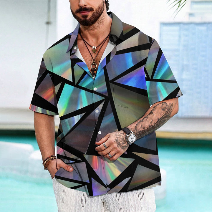 Triangle Color Reflective Print Chest Pocket Short Sleeve Shirt 2411005864