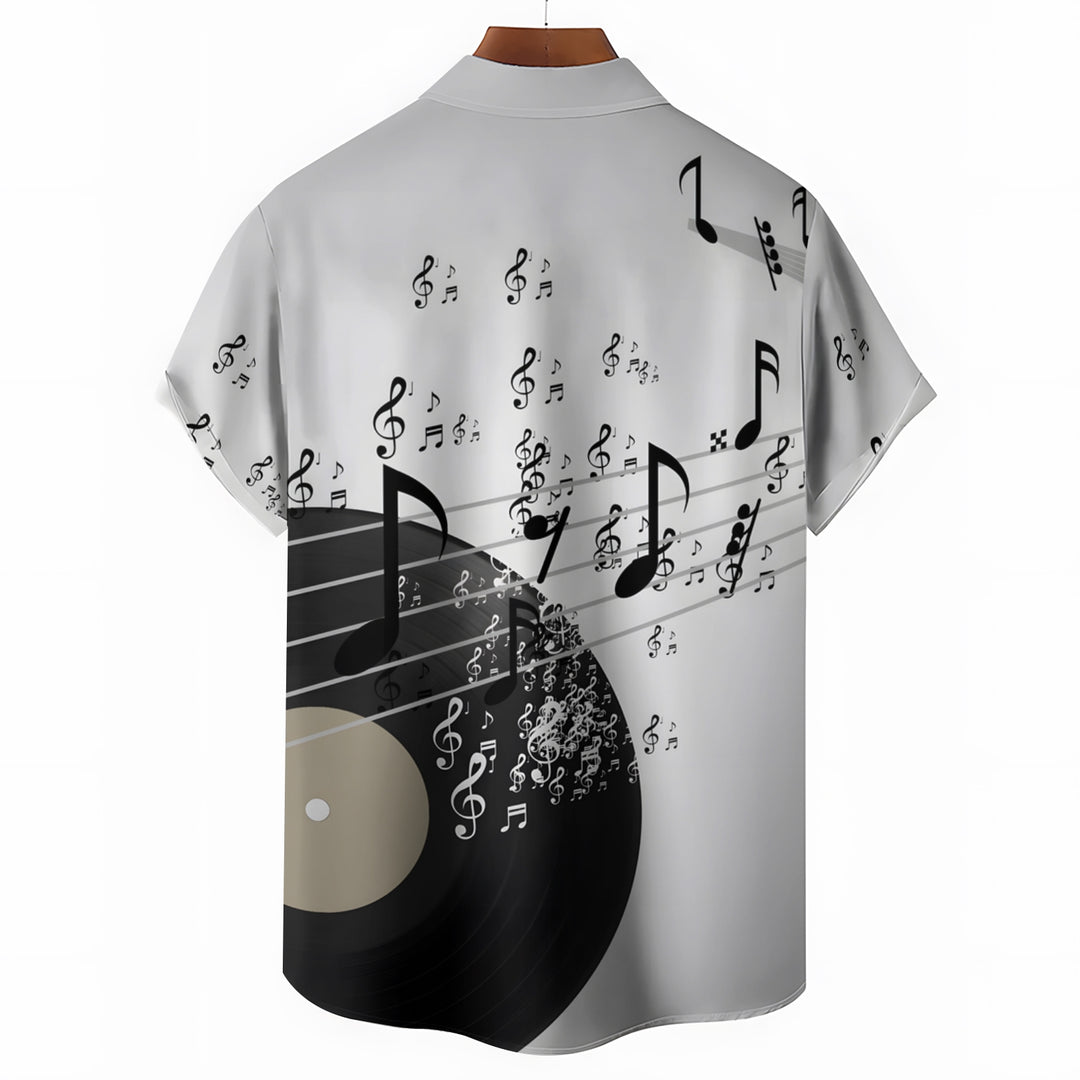 Musical Notes Vinyl Record Print Casual Short Sleeve Shirt 2404000648