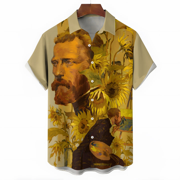 Artist Sunflower Print Casual Short Sleeve Shirt 2404000374
