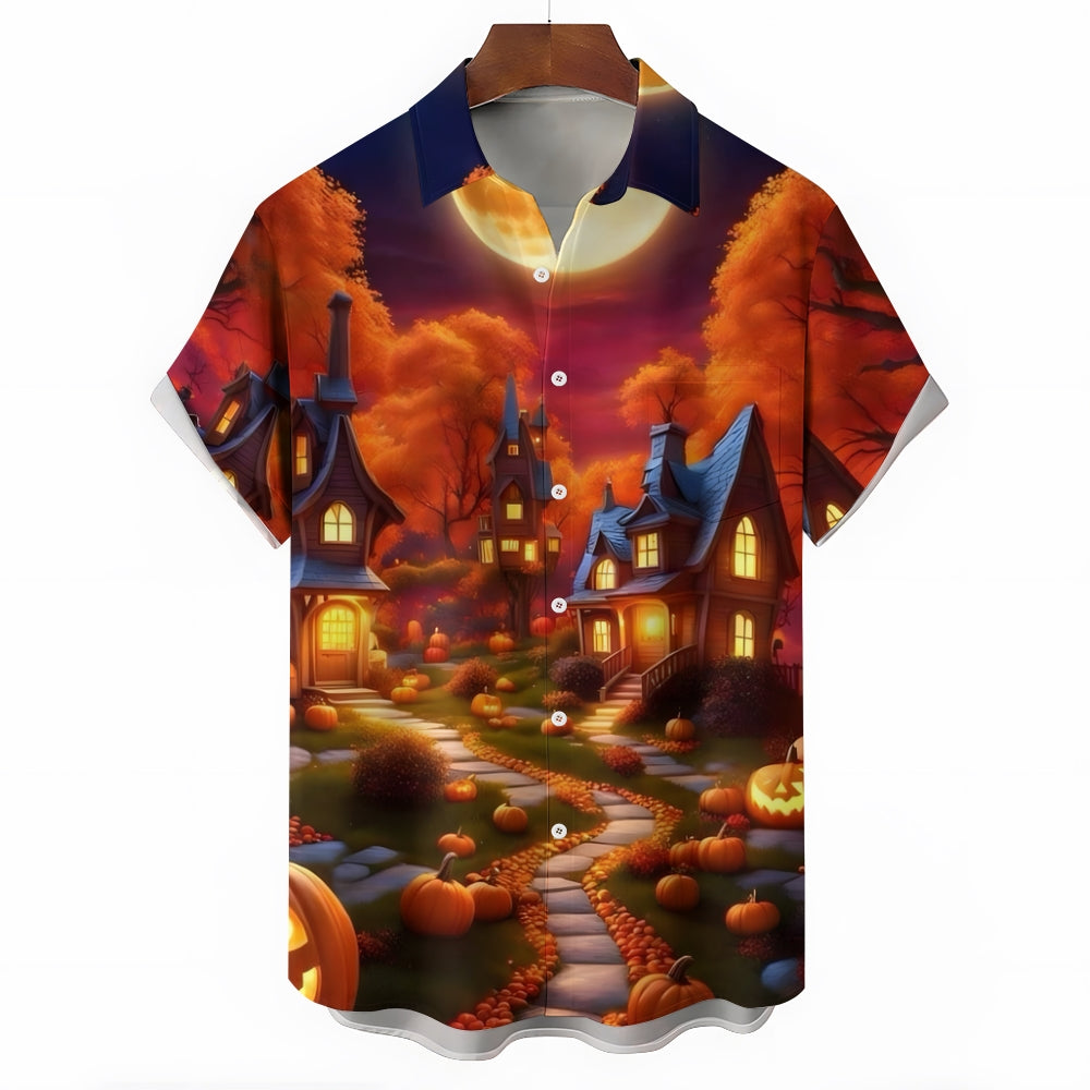 Halloween Pumpkin House Casual Short Sleeve Shirt 2409006103