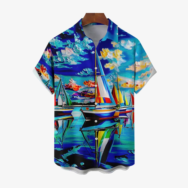 Sailboat Oil Painting Art Print Short Sleeve Shirt 2408007001