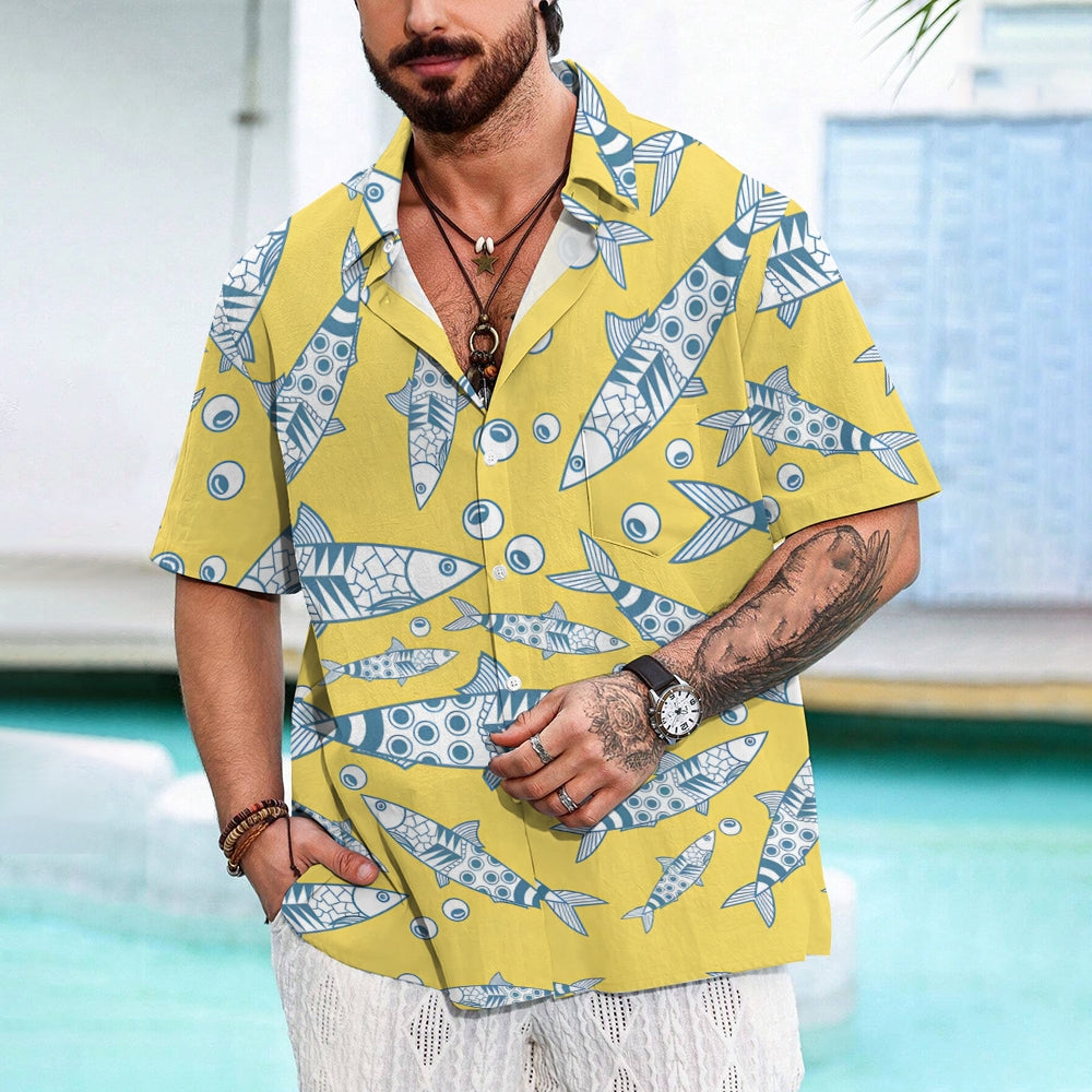 Fish Line Print Casual Short Sleeve Shirt 2410001963