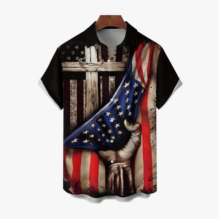 Men's Flag Patriotism Cross Casual Short Sleeve Shirt 2404001063