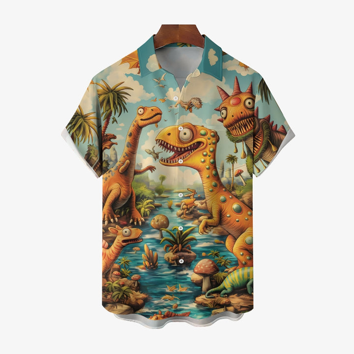 Funny Dinosaur Print Casual Short Sleeve Shirt 2408004532