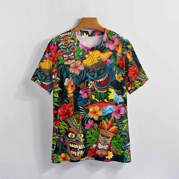 Men's Round Neck Tiki Art Casual T-Shirt 2404000507