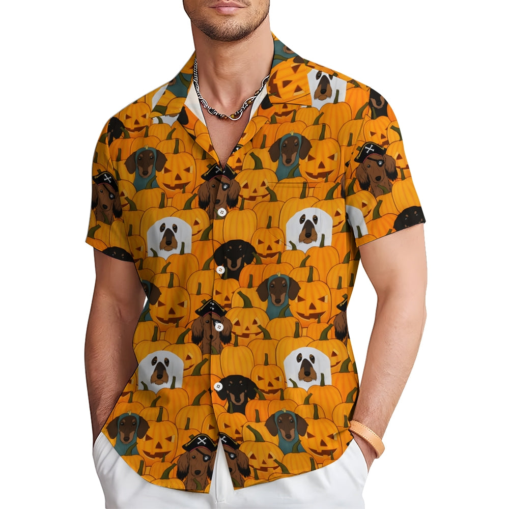 Halloween Pumpkin Puppy Print Short Sleeve Shirt 2408002274