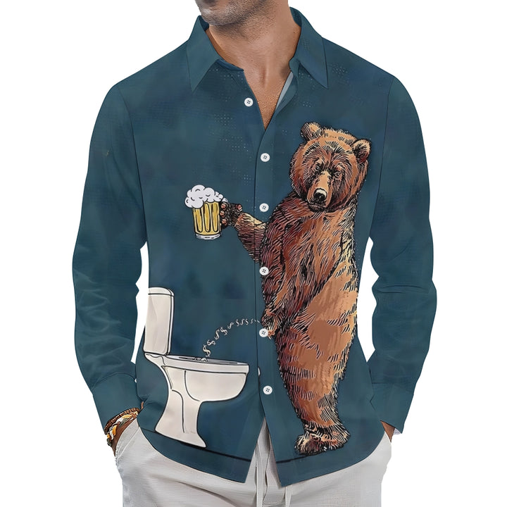 Fun Bear Beer Print Casual Long Sleeve Shirt