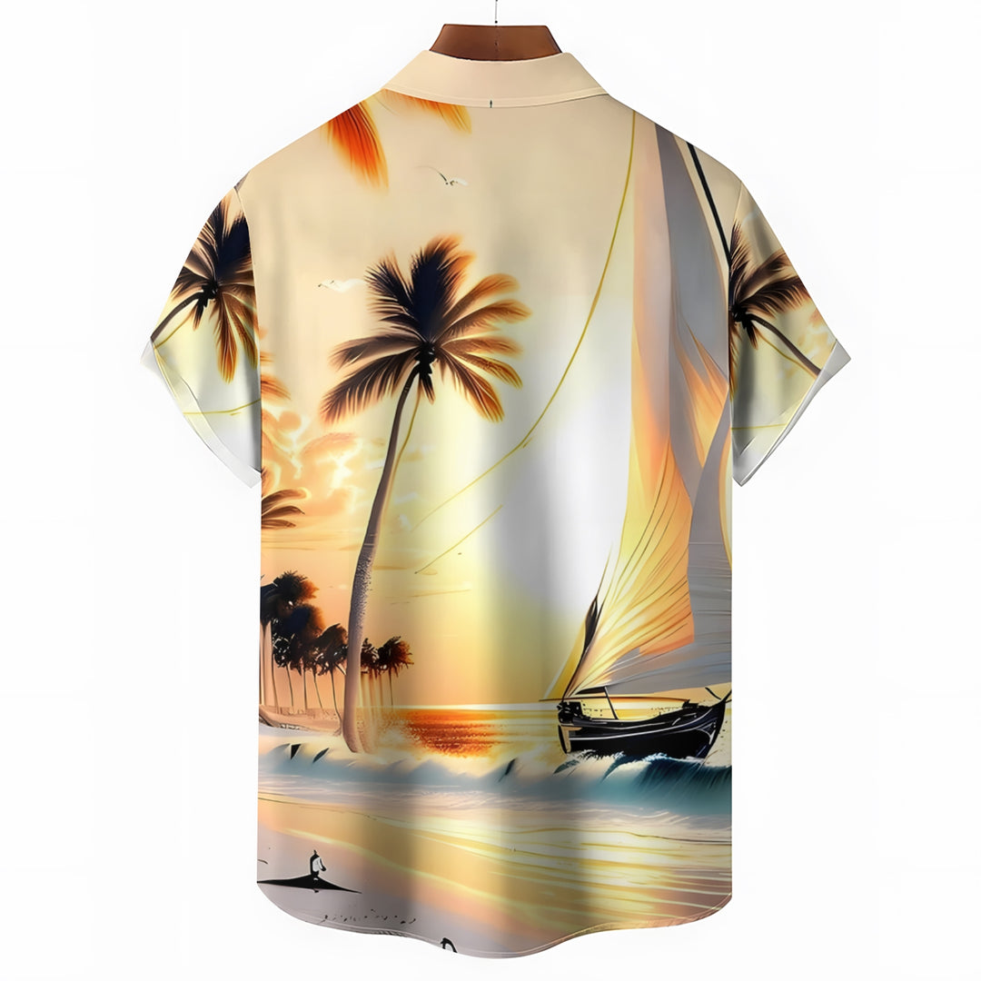 Beach Scenery Sailing Print Casual Short Sleeve Shirt 2404000185