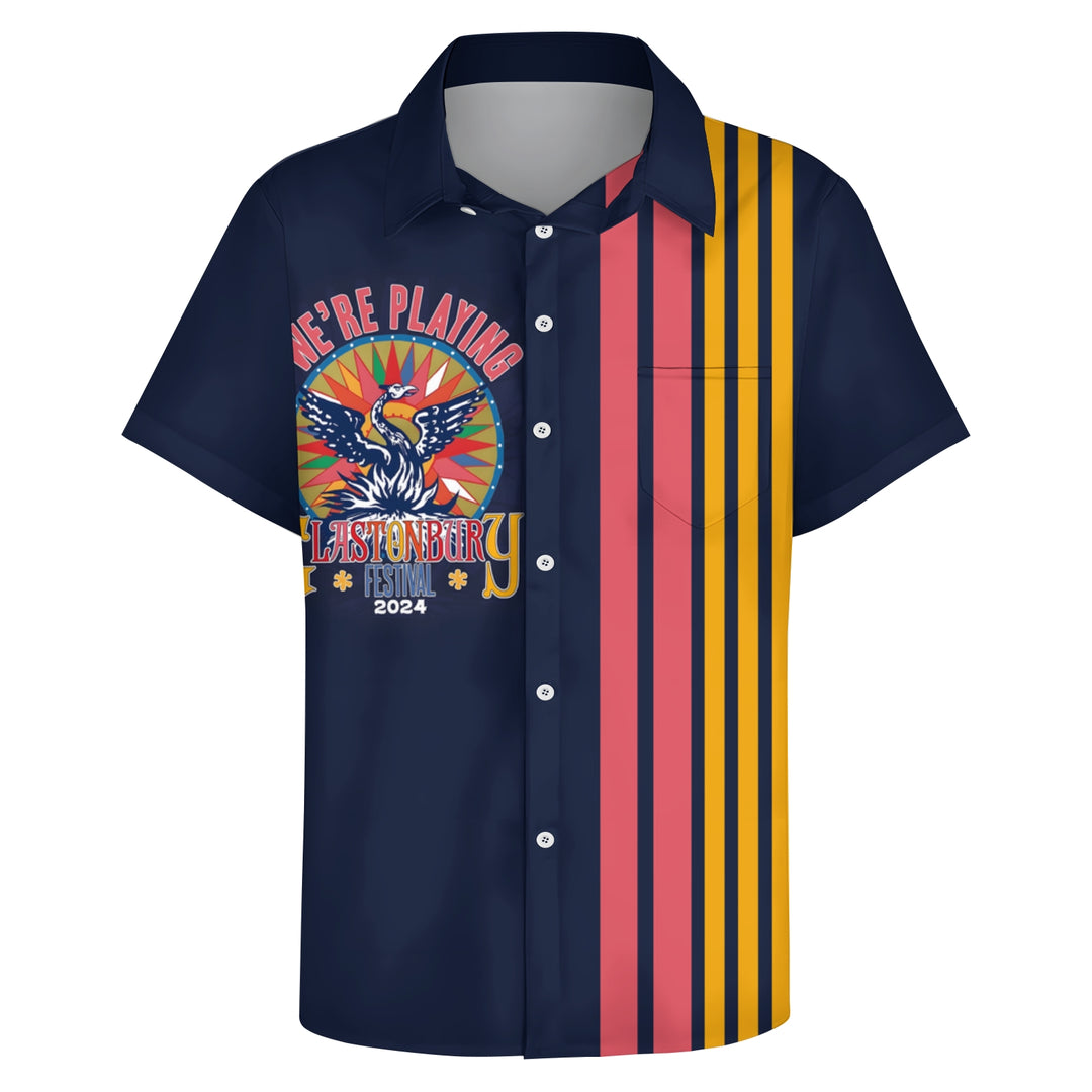 Glastonbury Festival Inspired Art Printed Bowling Short Sleeve Shirt 2404000885