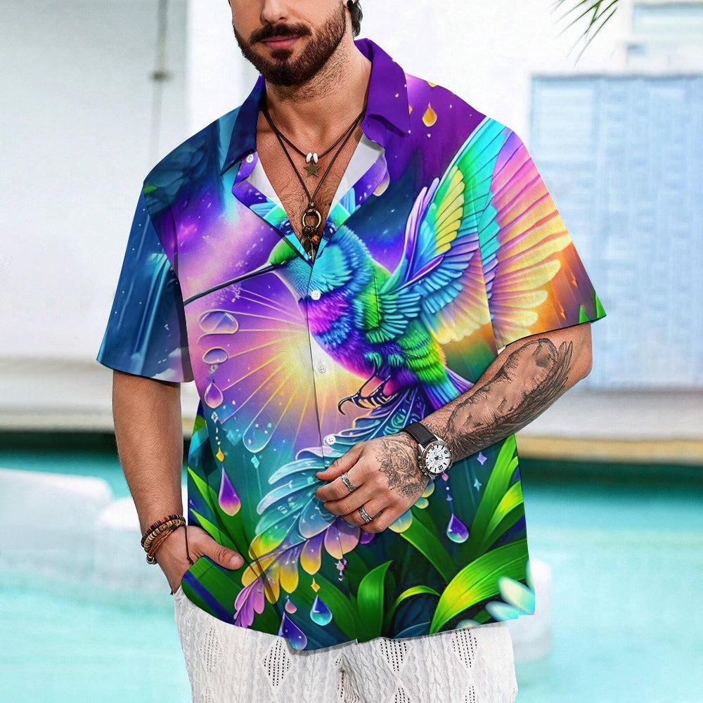 Colorful Hummingbird Print Casual Short Sleeve Shirt 2408004530