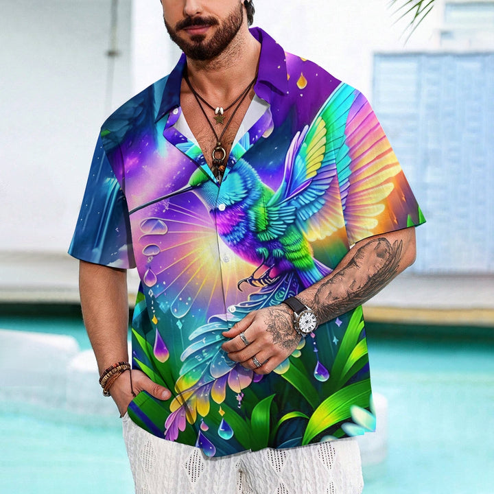 Colorful Hummingbird Print Casual Short Sleeve Shirt 2408004530