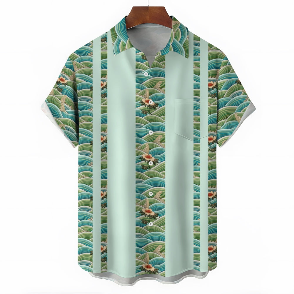 Men's Artistic Wave Stripe Print Short Sleeve Shirt 2411006536