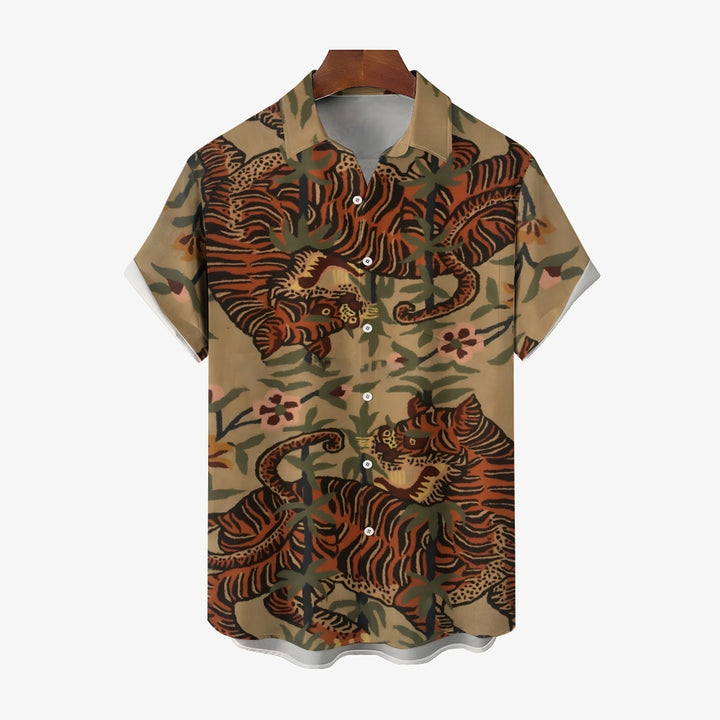 Men's Vintage Tiger Art Print Casual Short Sleeve Shirt 2403000727