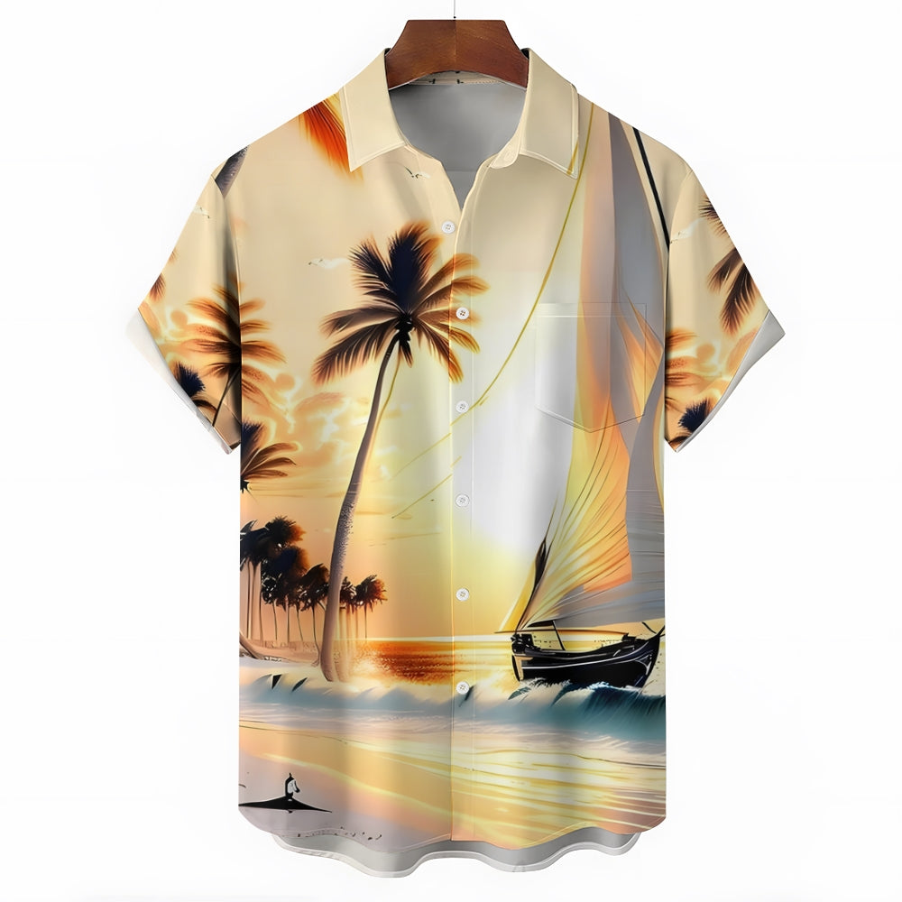 Beach Scenery Sailing Print Casual Short Sleeve Shirt 2404000185