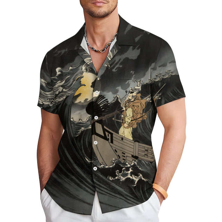 Ukiyo-e Waves and Samurai Casual Large Size Short Sleeve Shirt 2406003242