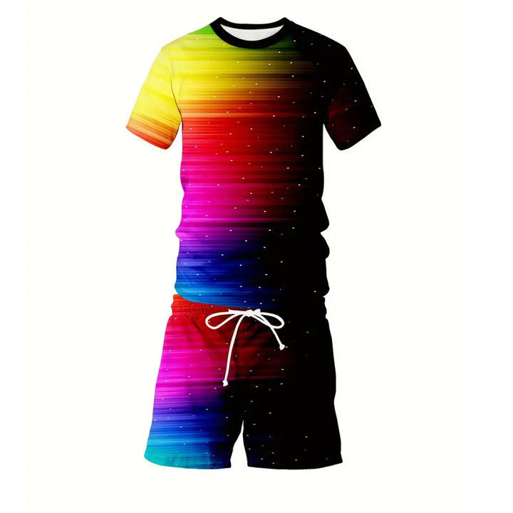 Mens Vibrant Color Block Print Crew Neck T-shirt & Shorts Set