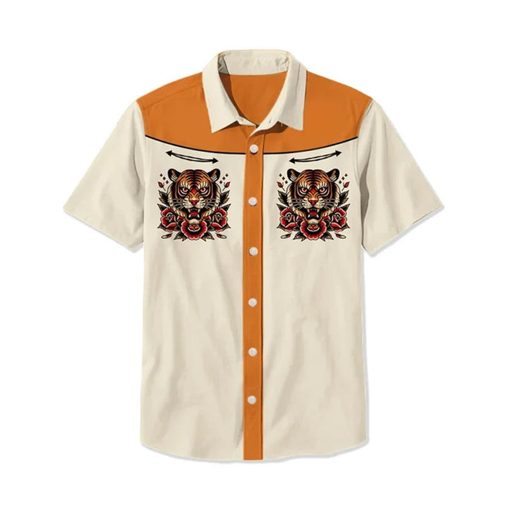 Men's Retro Ukiyoe Tiger Tattoo Print Shirt