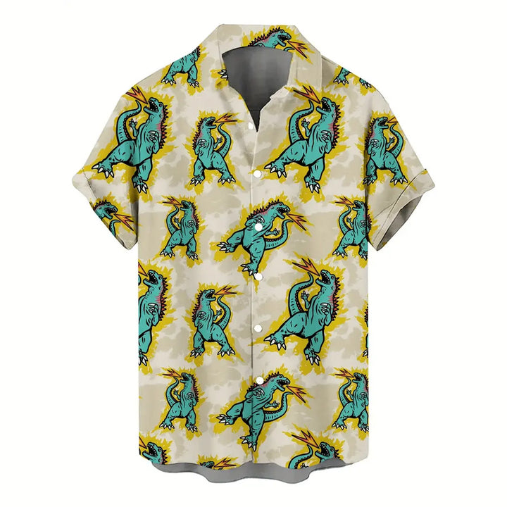 Men's Cartoon Roaring Dinosaur Pattern Short Sleeve Lapel Shirt