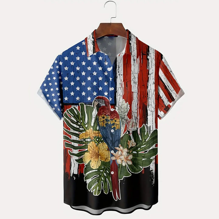 Men's Floral And Parrot Print Short Sleeve Shirt