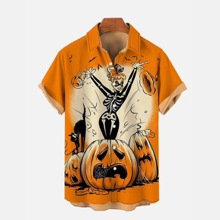 Orange Halloween Skull Girl And Painful Pumpkin Ghosts Printing Short Sleeve Shirt