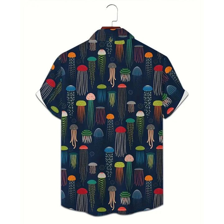 Men's Jellyfishes Pattern Print Short Sleeve Lapel Shirt