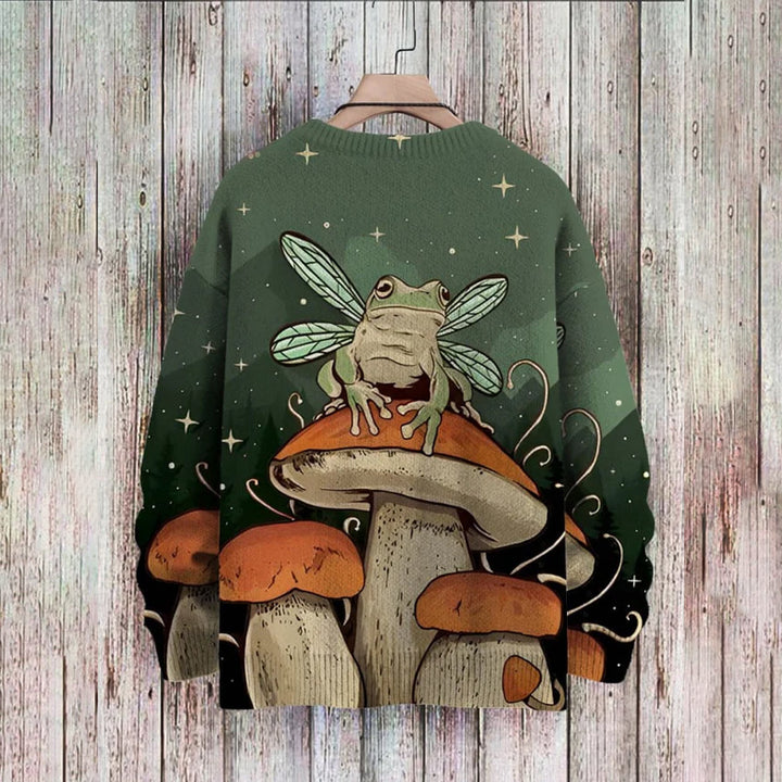 Vintage Mushroom Frog Fun Art Print Casual Pullover Knitted Sweater