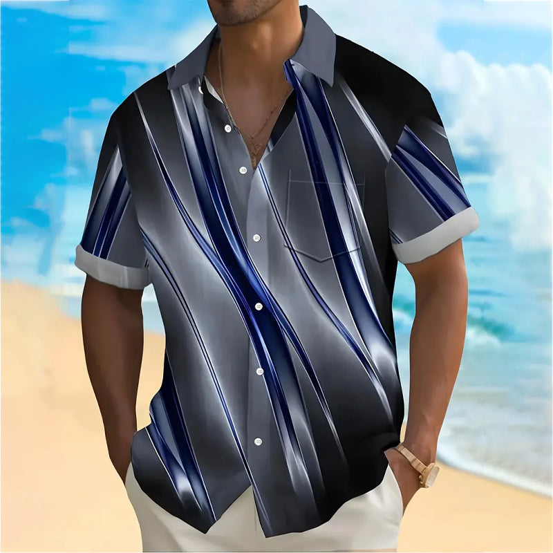 Men's Ombre Gradient Pattern Print Vintage Lapel Collar Short Sleeve Shirt