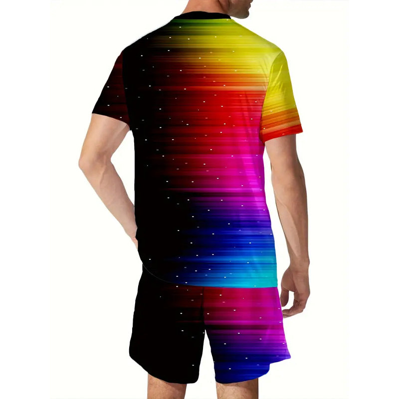 Mens Vibrant Color Block Print Crew Neck T-shirt & Shorts Set