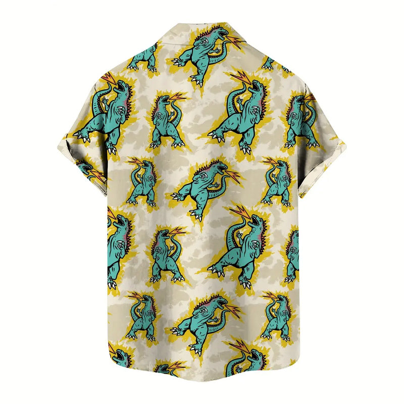 Men's Cartoon Roaring Dinosaur Pattern Short Sleeve Lapel Shirt