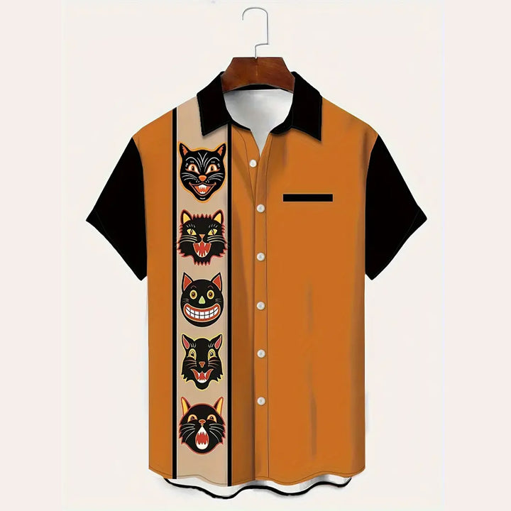 Men's Color Matching Cats Graphic Print Shirt