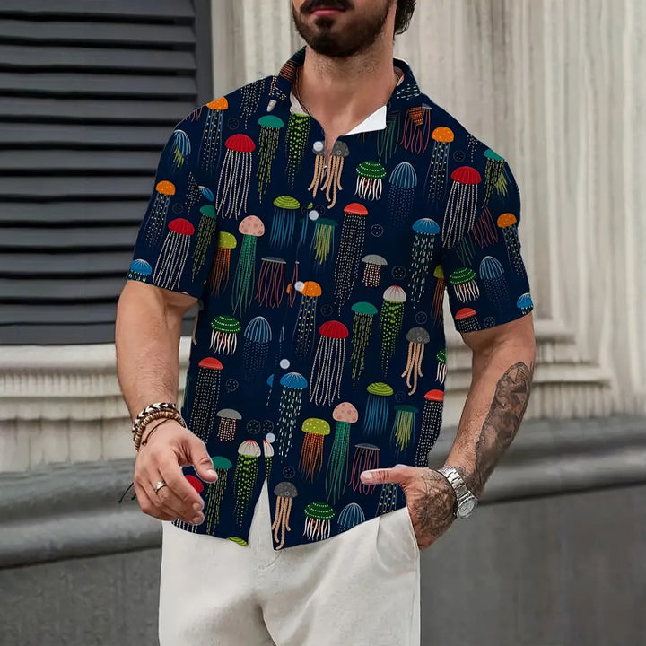 Men's Jellyfishes Pattern Print Short Sleeve Lapel Shirt