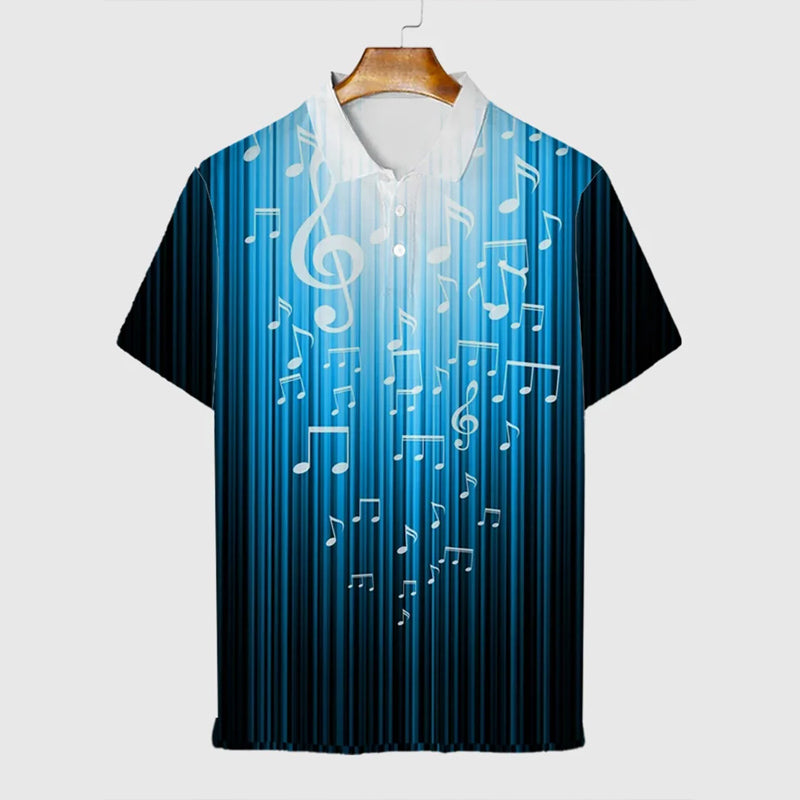 Gradient Blue Stripes And Musical Notes Printing Short Sleeve Polo