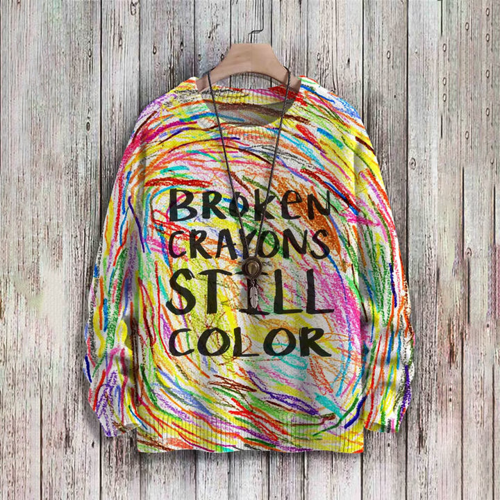 Broken Crayons Still Color Print Casual Knit Pullover Sweater