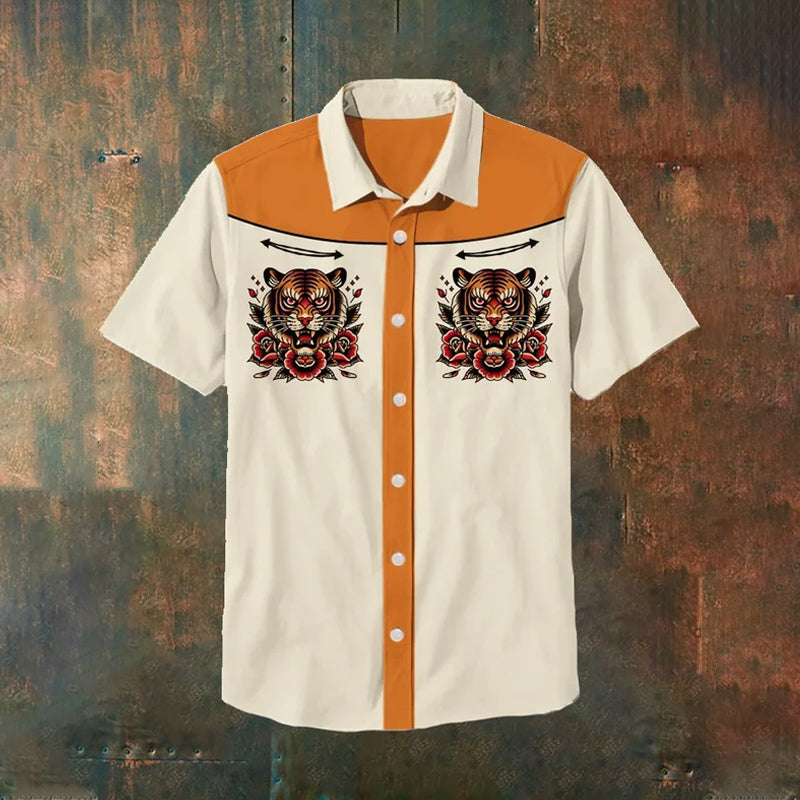 Men's Retro Ukiyoe Tiger Tattoo Print Shirt