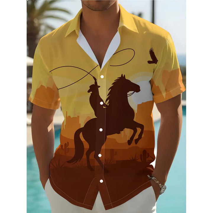 Men's Cowboy Silhouette Pattern Print Short Sleeve Shirt