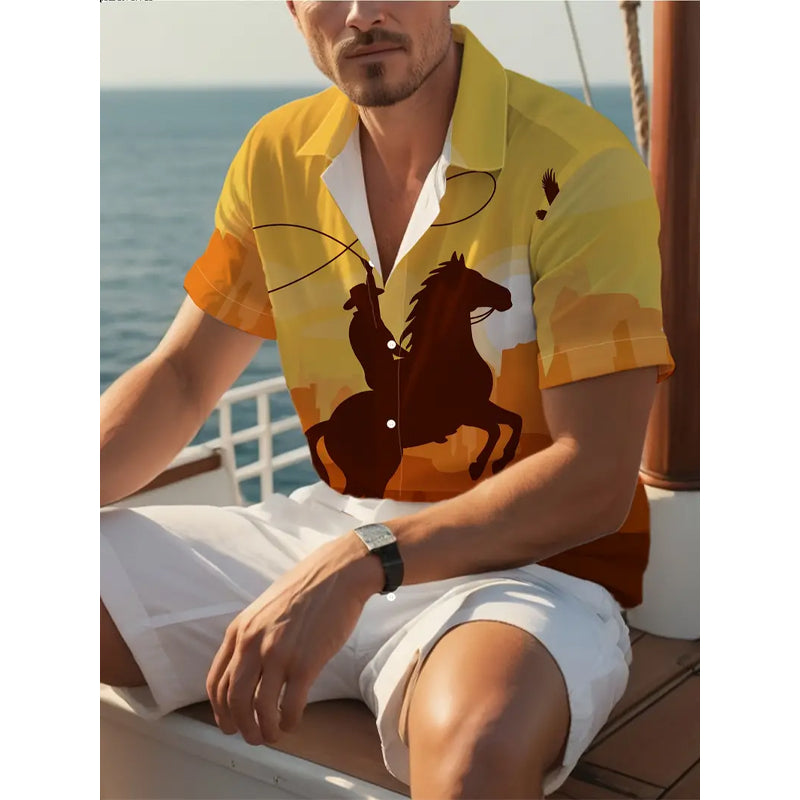 Men's Cowboy Silhouette Pattern Print Short Sleeve Shirt