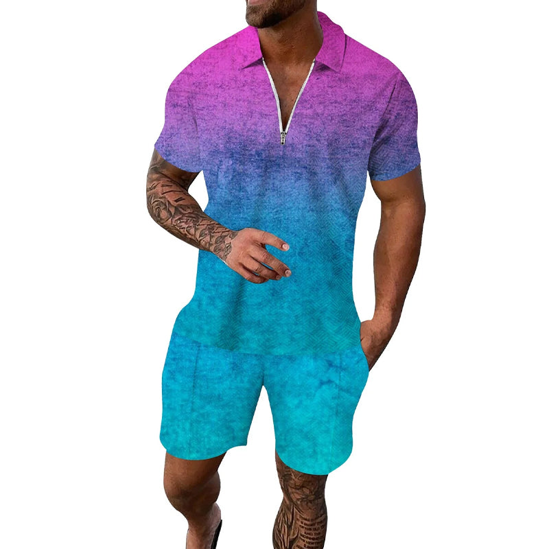 Men's gradient geometric print Polo shirt and shorts two-piece set