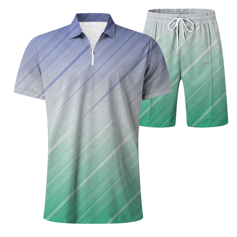 Men's gradient geometric print Polo shirt and shorts two-piece set