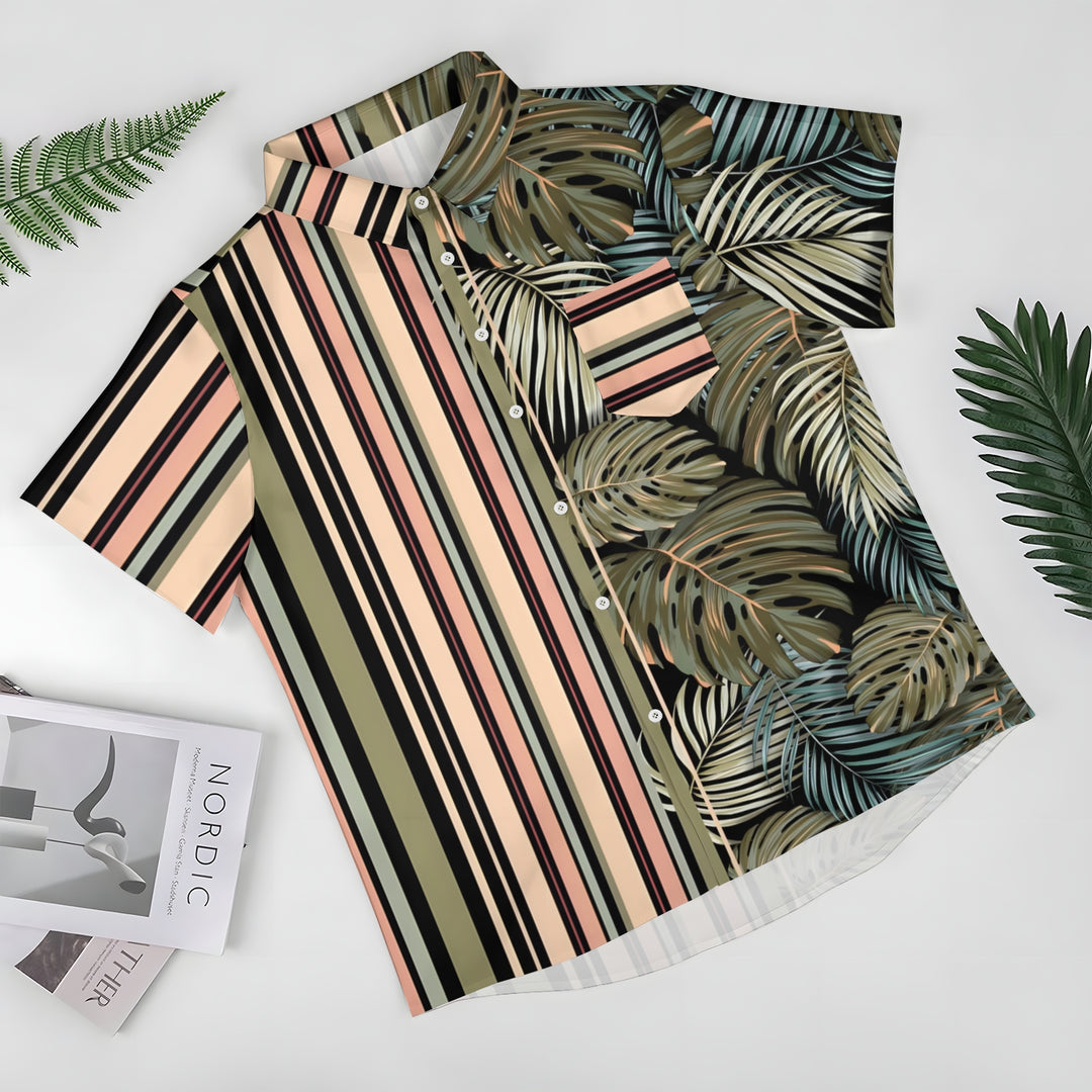 Men's Hawaiian Stripes And Tropical Plant Print Casual Short Sleeve Shirt 2404001394