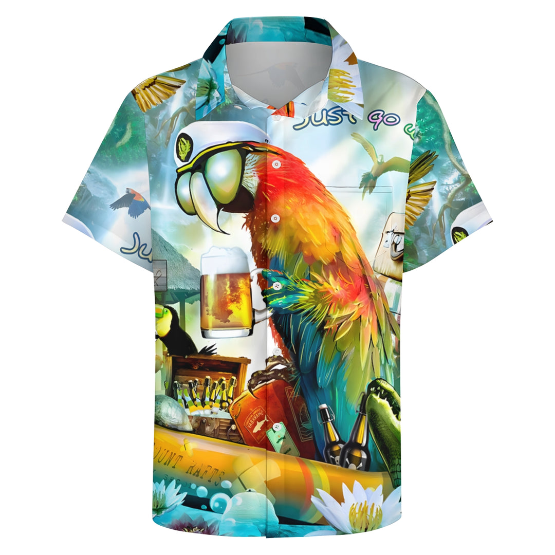 Men's Hawaiian Parrot Beer Print Casual Short Sleeve Shirt 2404001275