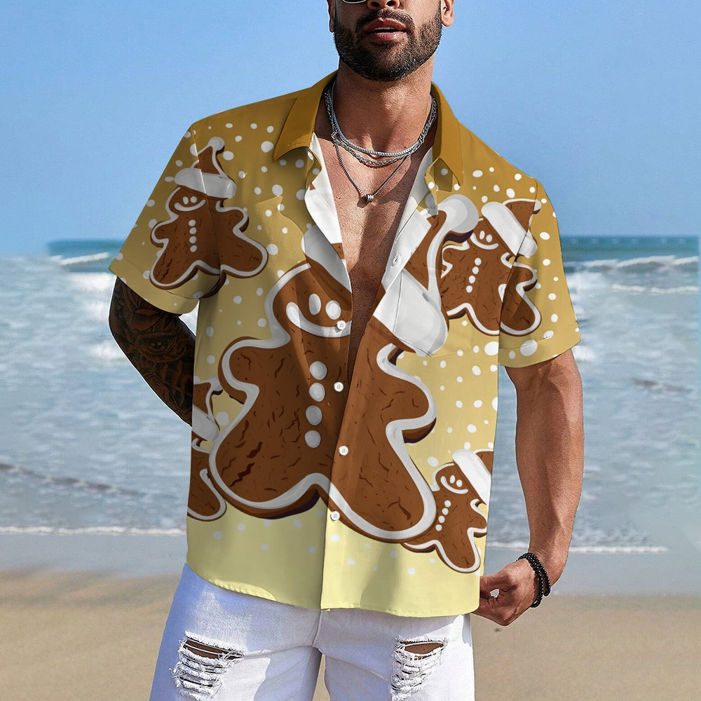 Christmas Snowflake Gingerbread Man Casual Short Sleeve Shirt 2409009539