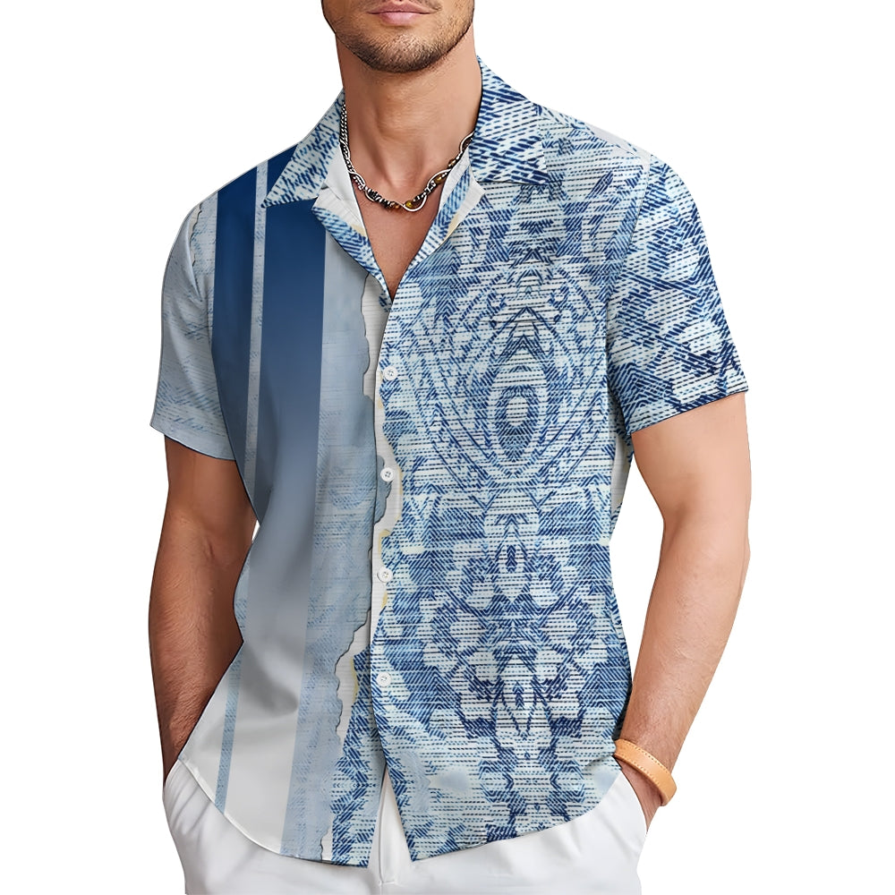 Men's Denim Texture Print Casual Short Sleeve Shirt 2410003360