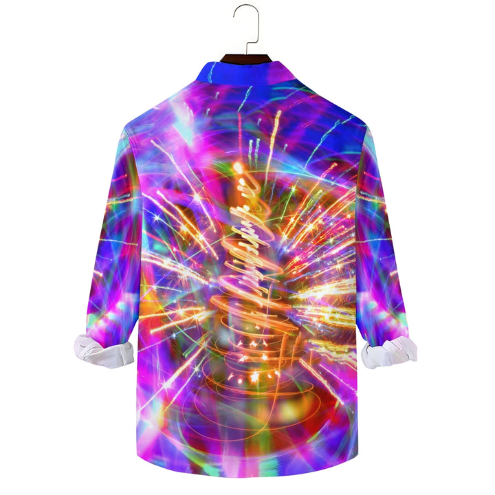 Sparkling Fireworks Christmas Tree Printed Long Sleeve Shirt 2410006426