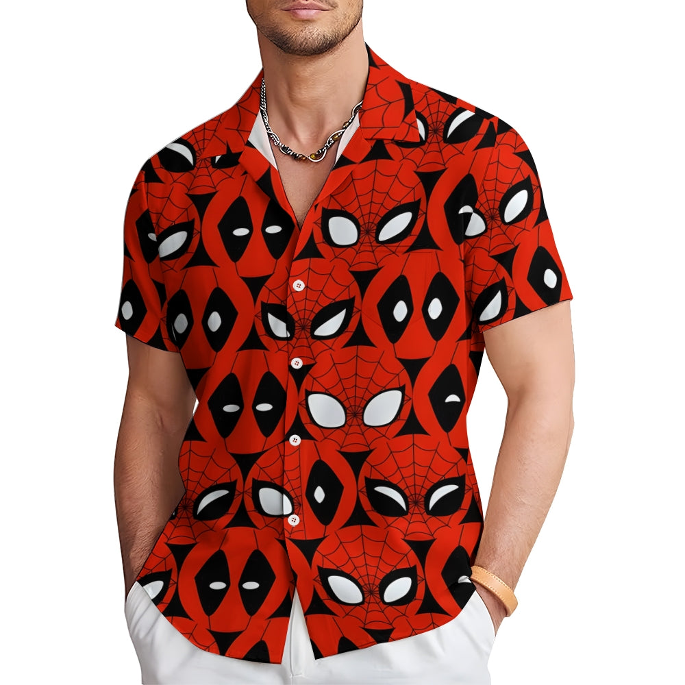 Funny Hero Portrait Print Chest Pocket Short Sleeve Shirt 2411006282