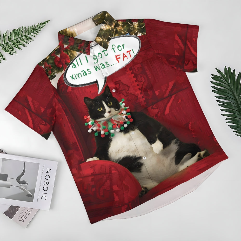 Christmas Fat Cat Fun Print Short Sleeve Shirt 2410003712