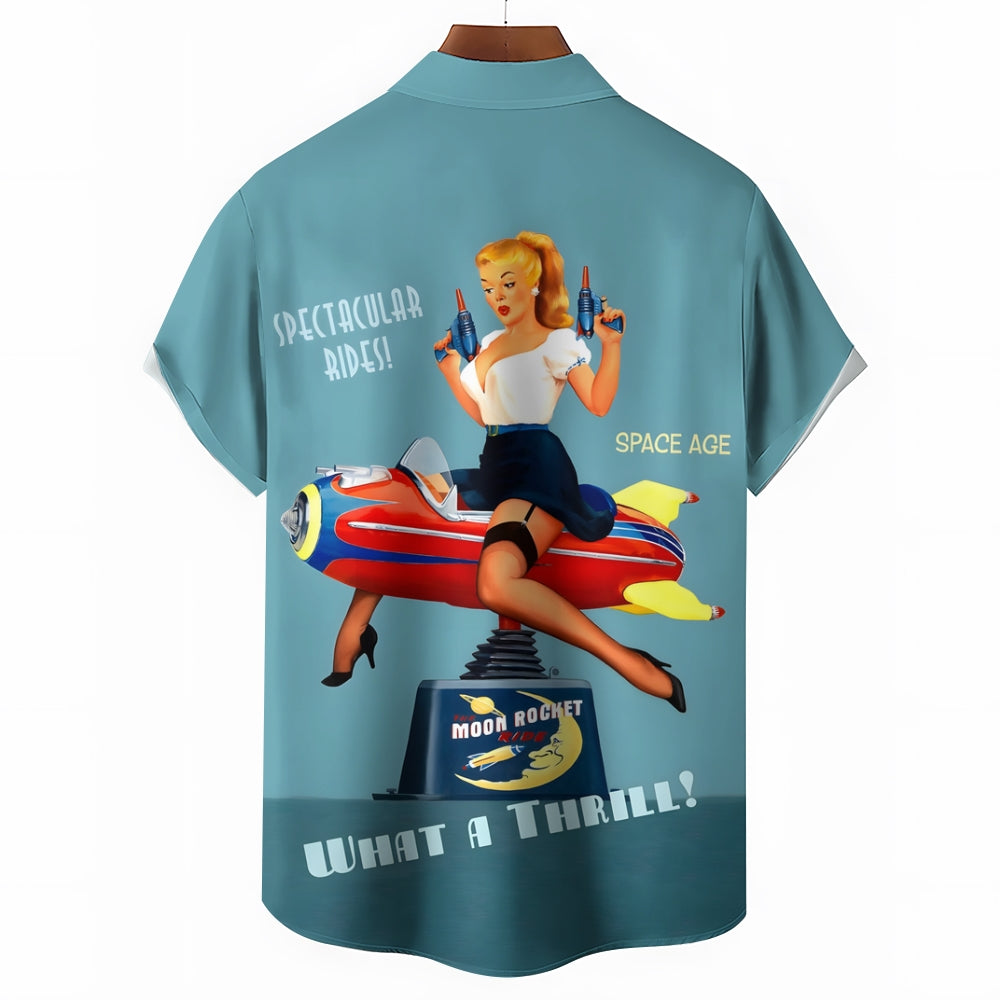 Retro Poster Rocket Sexy Girl Print Short Sleeve Shirt 2411008514